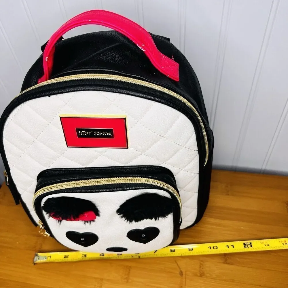 Betsey Johnson Backpack Medium with Panda Face Furry Brows White Black Pink